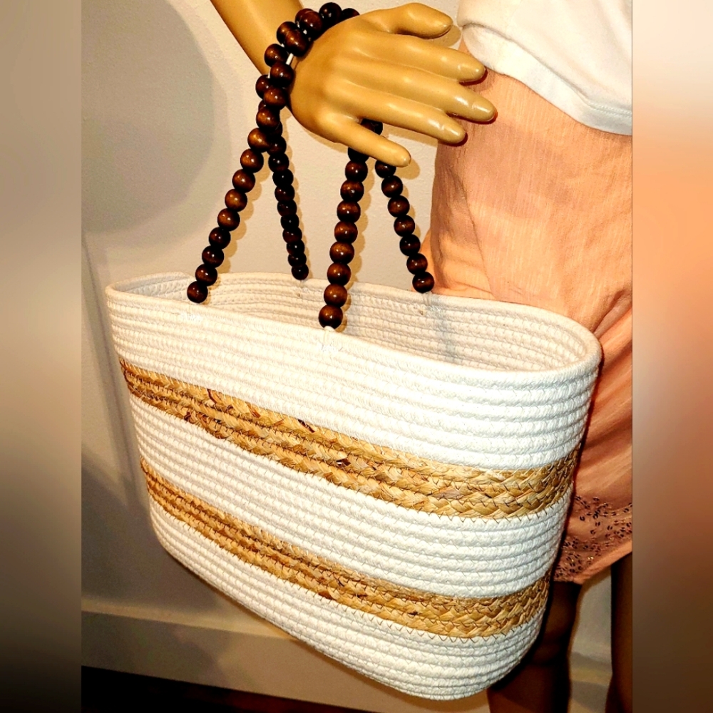 Woven/Braided Tote With Wood Beaded Handles NWOT